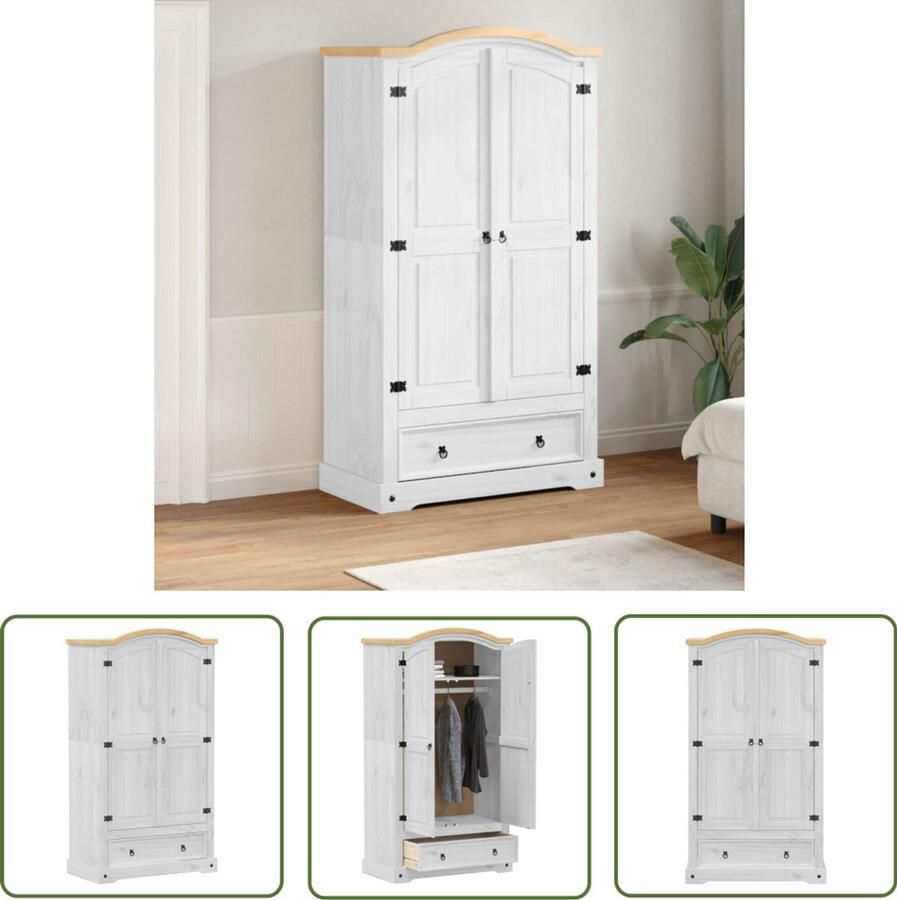 VidaXL The Living Store Kledingkast Corona wit 102x52x186 cm massief grenenhout Kledingkast Garenenhouten Kast Vintage Kast Opslagoplossing Garderobe - Foto 2