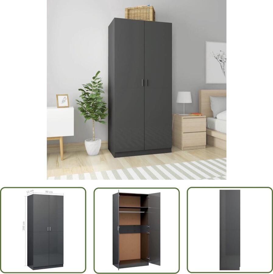 VidaXL The Living Store Kledingkast Hoogglans Grijs 90x52x200 cm Met 2 Deuren Hangstang en Lades