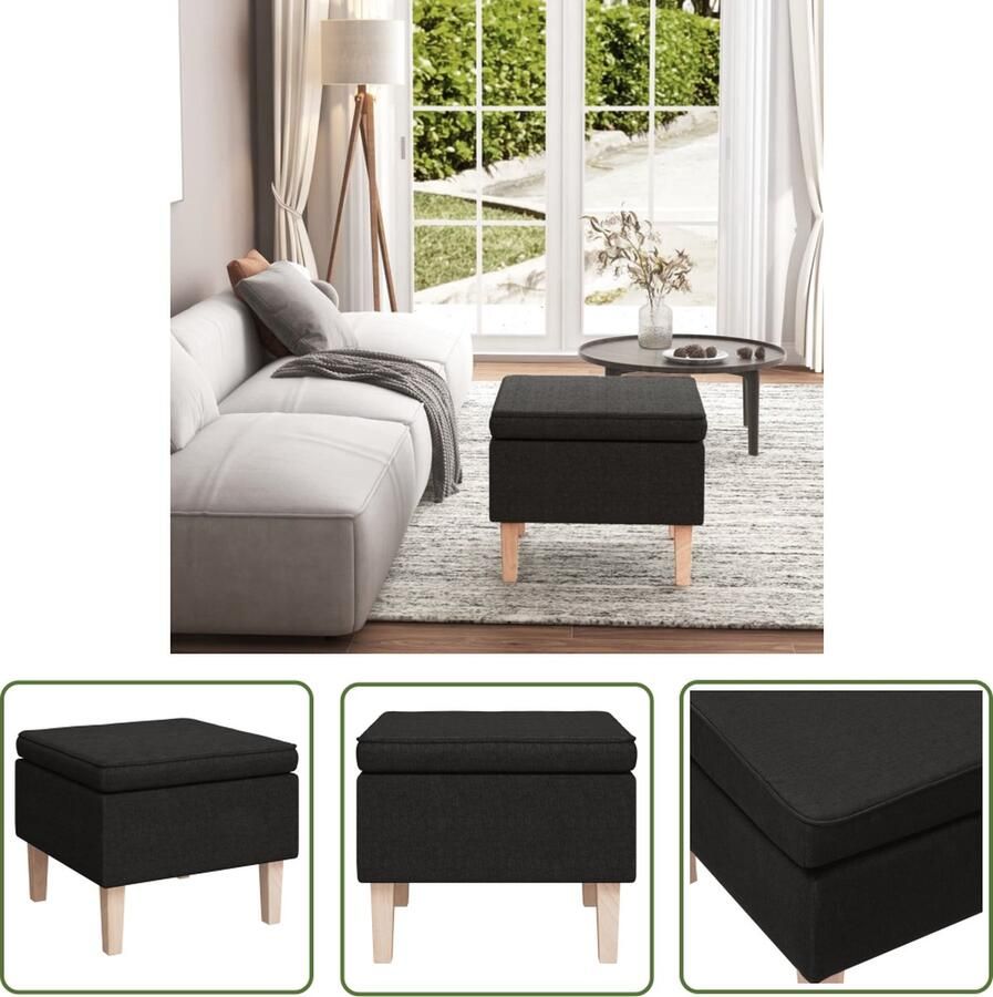 The Living Store Houten Voetenbank Zwart 55 x 54.5 x 42 cm Stof Rubberwood Voetenbank Krukje Zithoek Relaxstoel Woongebruik - Foto 2