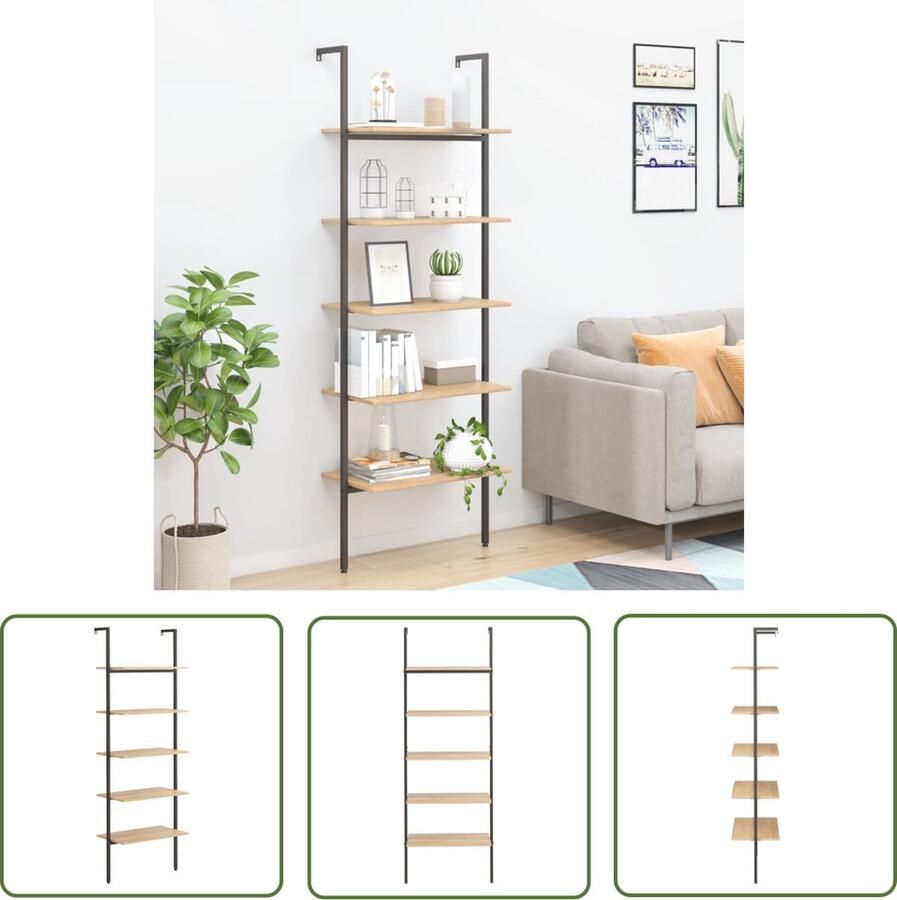 The Living Store Opbergrek 64x35x185 cm Leunend ontwerp Sterke stalen constructie Lichtbruin en zwart Opbergkast Boekenplank Ladderrek Houten Kast Industrieel Design - Foto 2