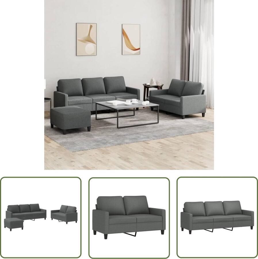 VidaXL The Living Store Loungeset Donkergrijs 2-zitsbank 138x77x80cm 3-zitsbank 198x77x80cm voetenbank 60x50x41cm