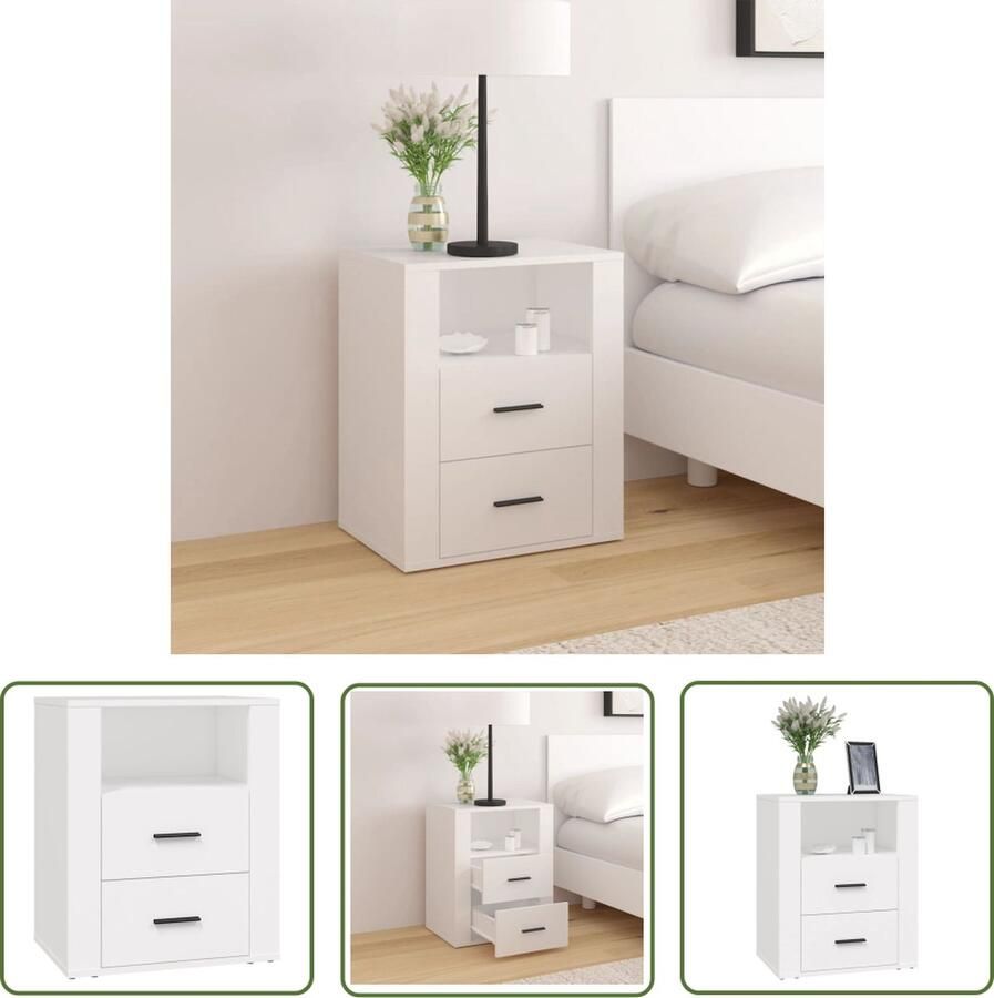 VidaXL The Living Store Nachtkastje Klassiek ontwerp 2 lades Wit 50x36x60cm - Foto 2