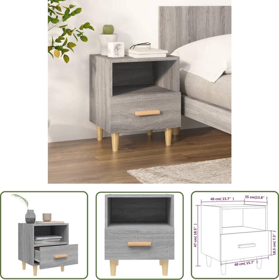 VidaXL The Living Store Nachtkastje Scandinavisch Grijs Sonoma Eiken 40 x 35 x 47 cm Opbergruimte en Stevig Blad - Foto 2