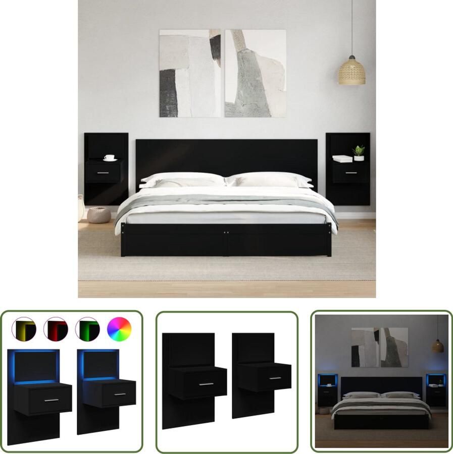 VidaXL The Living Store Nachtkastjes met LED's 2 st wandgemonteerd zwart Nachtkastjes Wandmontage Led Verlichting Slaapkamers Houten Nachtlamp