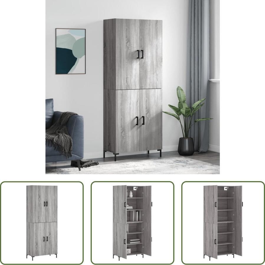 VidaXL The Living Store Opbergkast Grijs Sonoma Eiken Hoge kast 69.5 x 34 x 180 cm Duurzaam materiaal voldoende opbergruimte praktische deuren metalen voeten