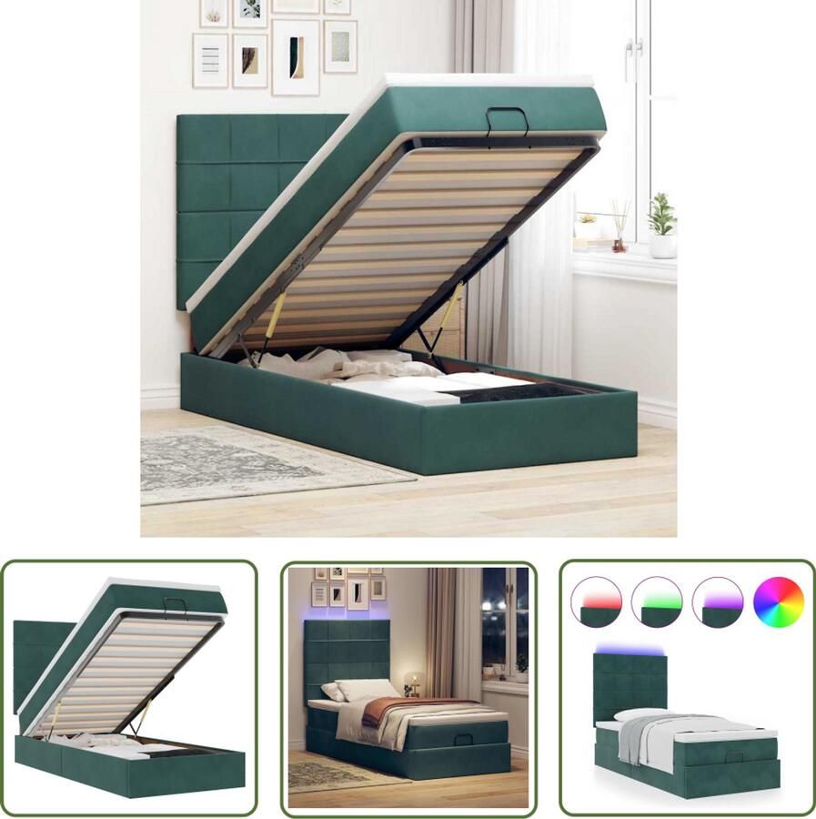 VidaXL The Living Store Ottoman bed met matrassen en LED's 90x190cm fluweel donkergroen Ottoman Bed Boxspring Bed Tweepersoons Bed Nachtkast Led Lamp