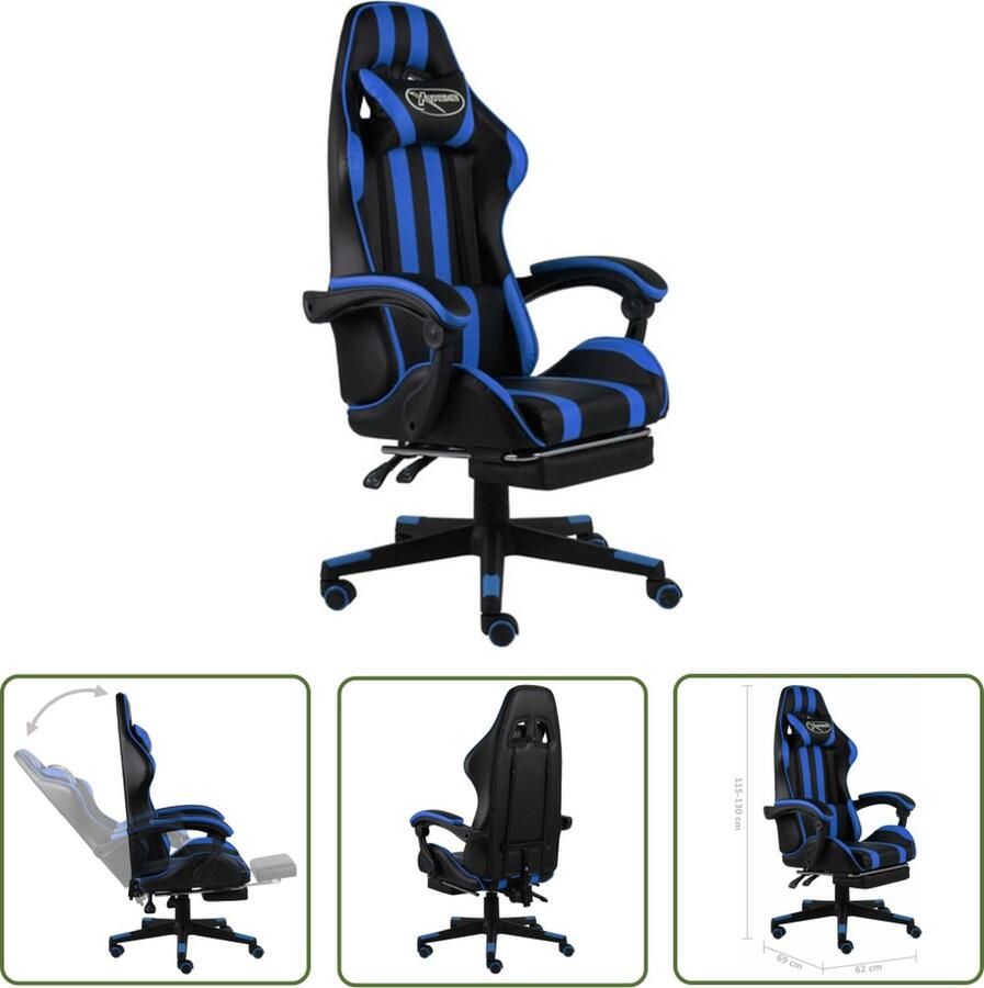 The Living Store Gamestoel Racestoel Blauw Zwart 62x69x115-130 cm Kunstleer Verstelbaar Gamingstoel Racecarstoel Bureaustoel Gamingchair Computerstoel - Foto 2