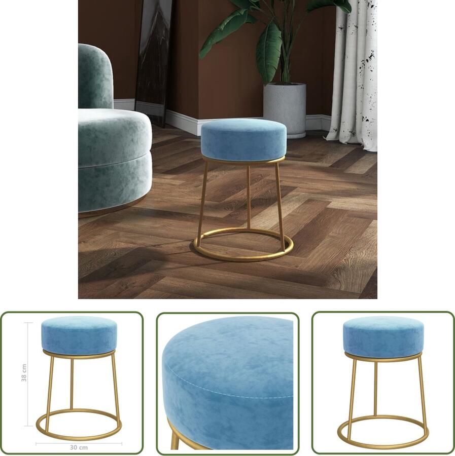 VidaXL The Living Store Ronde Hocker Fluweel Lichtblauw en Goud 30 x 38 cm - Foto 2