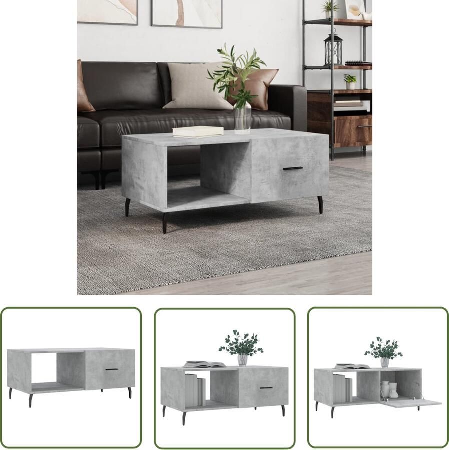 The Living Store Salontafel Betongrijs 90 x 50 x 40 cm Hoge kwaliteit hout Voldoende opbergruimte Stevig tafelblad Praktische deur IJzeren poten Salontafel Betongrijs Houten Salontafel Salontafeltje Bijzettafel - Foto 2