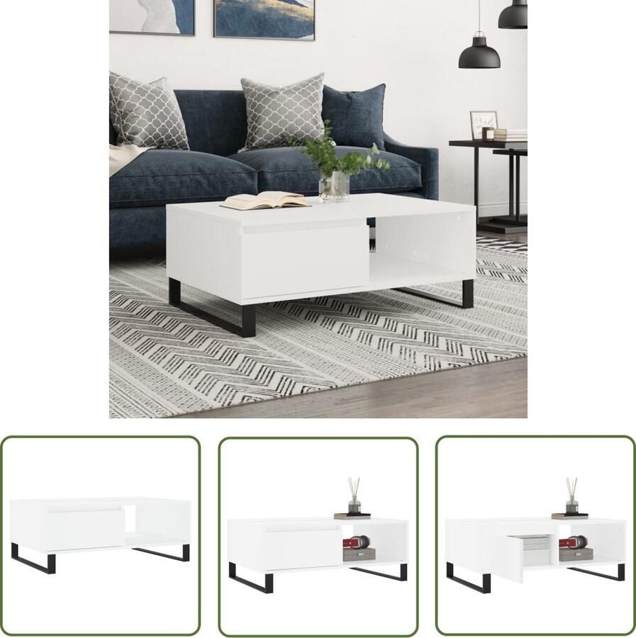 The Living Store Salontafel wit Bewerkt hout en ijzer 90 x 60 x 35 cm Stabiel tafelblad en ijzeren poten Salontafel Houten Salontafel Wit Salontafel Met Lade Bijzettafel