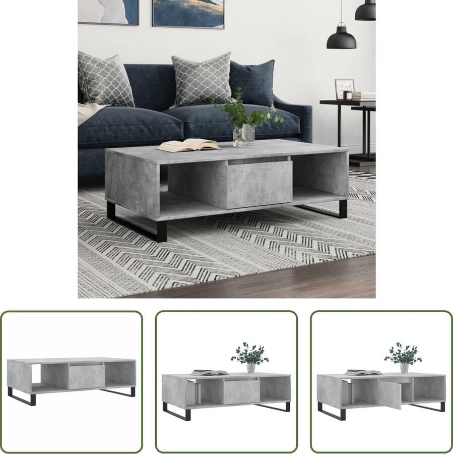 VidaXL The Living Store Salontafel Betongrijs 104 x 60 x 35 cm Bewerkt hout en ijzer