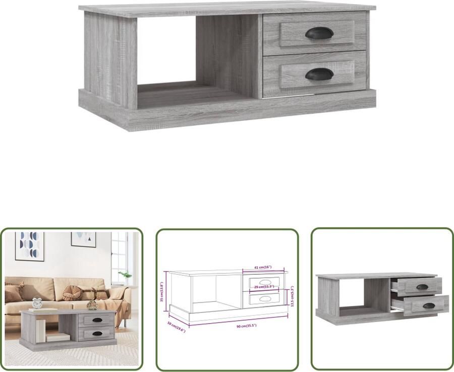 VidaXL The Living Store Salontafel Functioneel Grijs Sonoma Eiken 90 x 50 x 35 cm