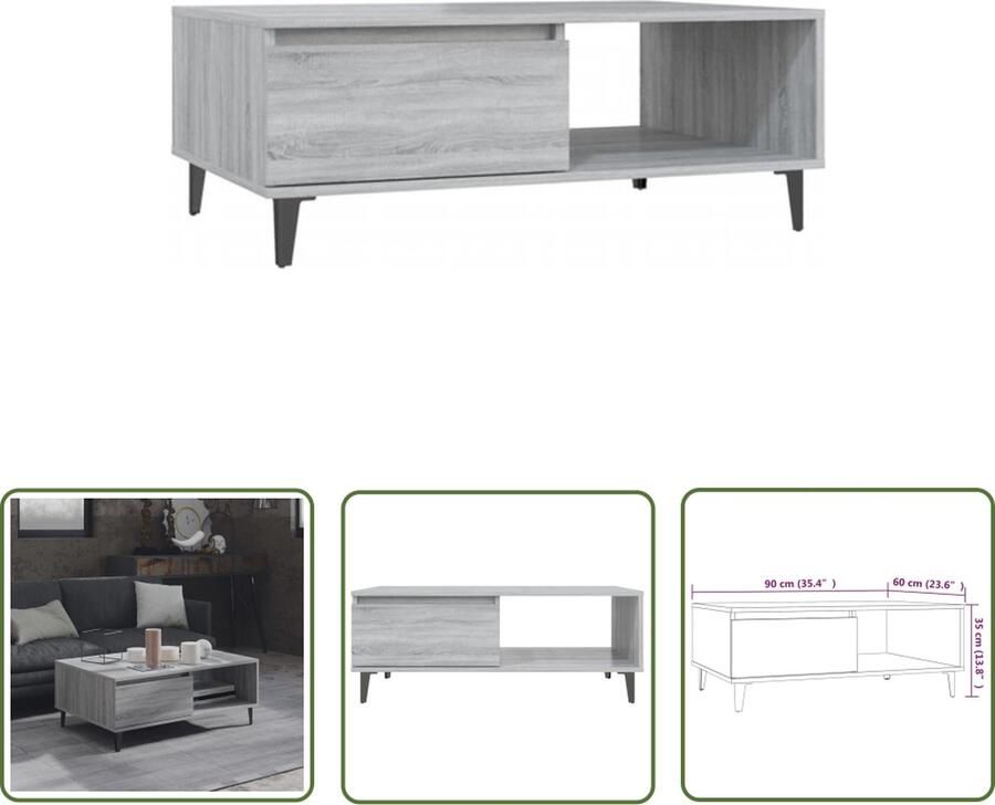 VidaXL The Living Store Salontafel Modern Grijs Sonoma Eiken 90 x 60 x 35 cm Opbergschappen