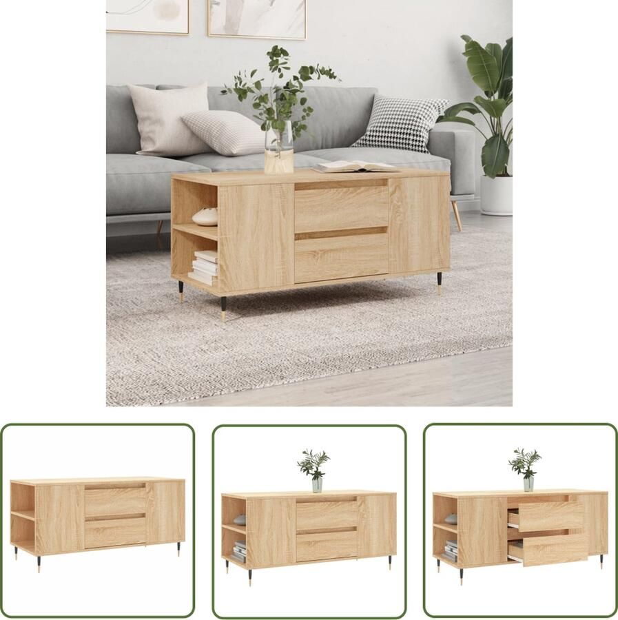 VidaXL The Living Store Salontafel Sonoma Eiken 102 x 44.5 x 50 cm Met Lades en Vakken