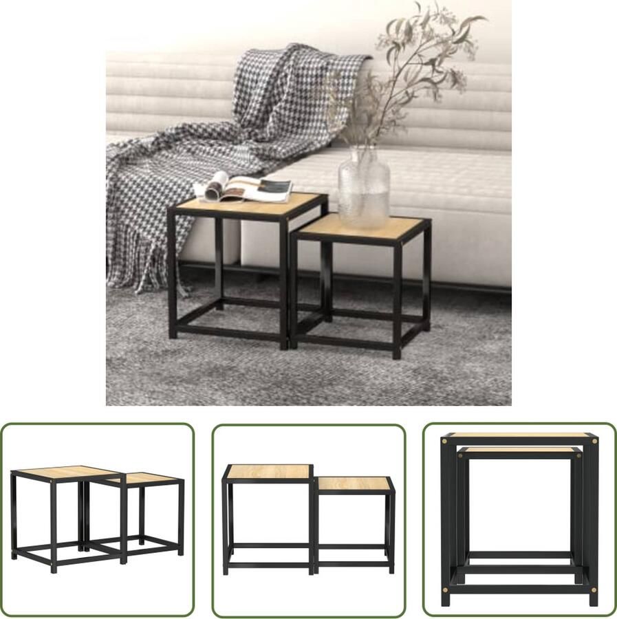 The Living Store Salontafelset IndustriÃle Stijl 37x37x40 cm 33x33x35 cm Sonoma Eiken MDF Gepoedercoat Staal Salontafel Industrieel Design Houten Salontafel Mdf Salontafel Metalen Salontafel - Foto 2