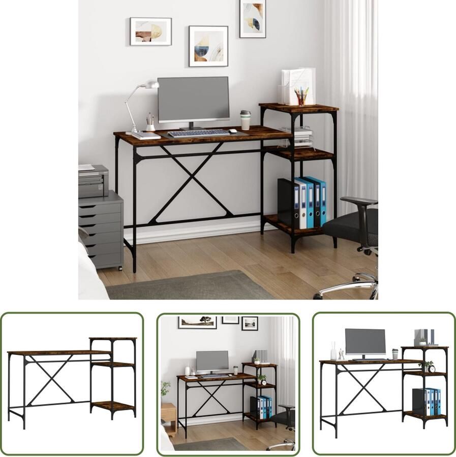 VidaXL The Living Store Schrijftafel Industrieel 135 x 50 x 90 cm Gerookt Eiken Schrijfbureau Industrieel Bureau Houten Bureau Met Planken Bureaublad - Foto 2