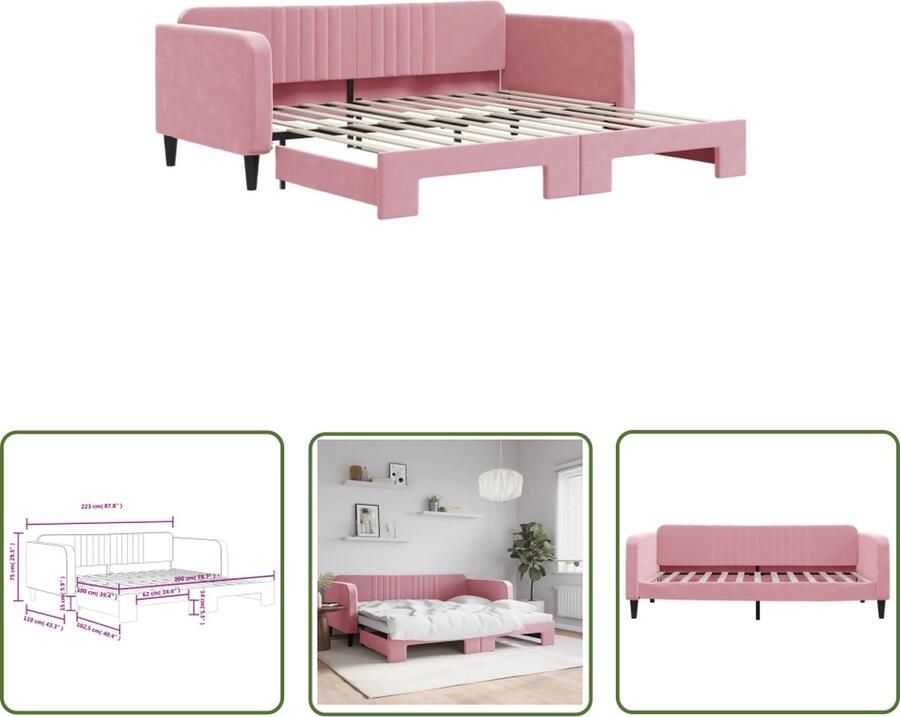 VidaXL The Living Store Slaapbank 2-in-1 Roze Fluweel 223x110x75cm Geschikt voor 100x200cm matras