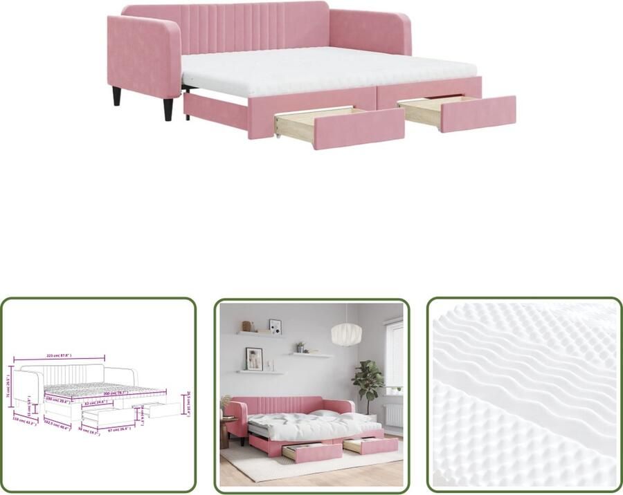 VidaXL The Living Store Slaapbank 2-in-1 Roze Fluweel 223x110x75cm Met Onderschuifbed