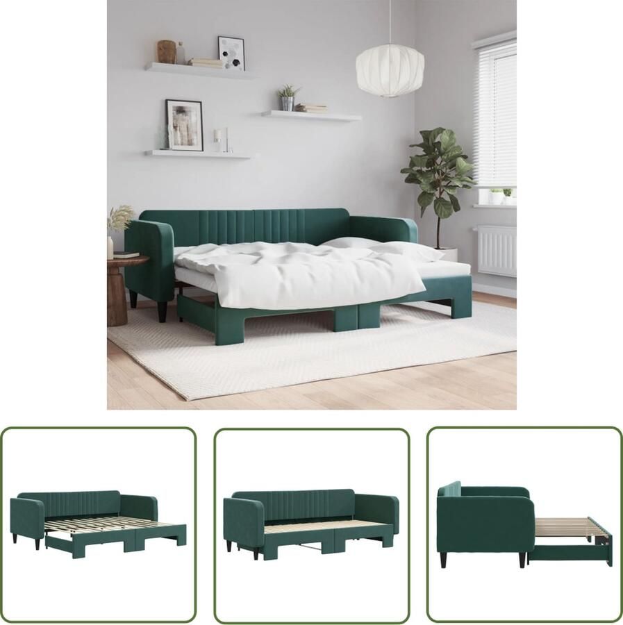 VidaXL The Living Store Slaapbank Donkergroen Fluweel 223x100x75cm 2-in-1 Bank en Bed Multiplex Lattenbodem