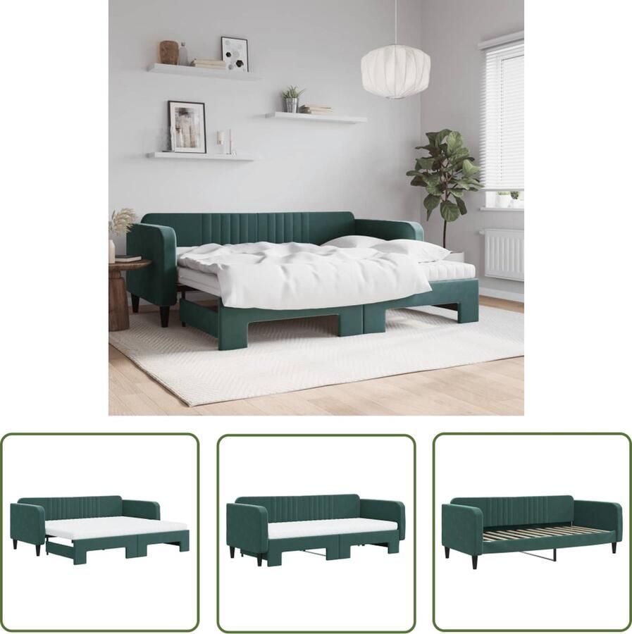 VidaXL The Living Store Slaapbank donkergroen fluweel 223x100x75cm + onderschuifbed Comfortabel schuimmatras