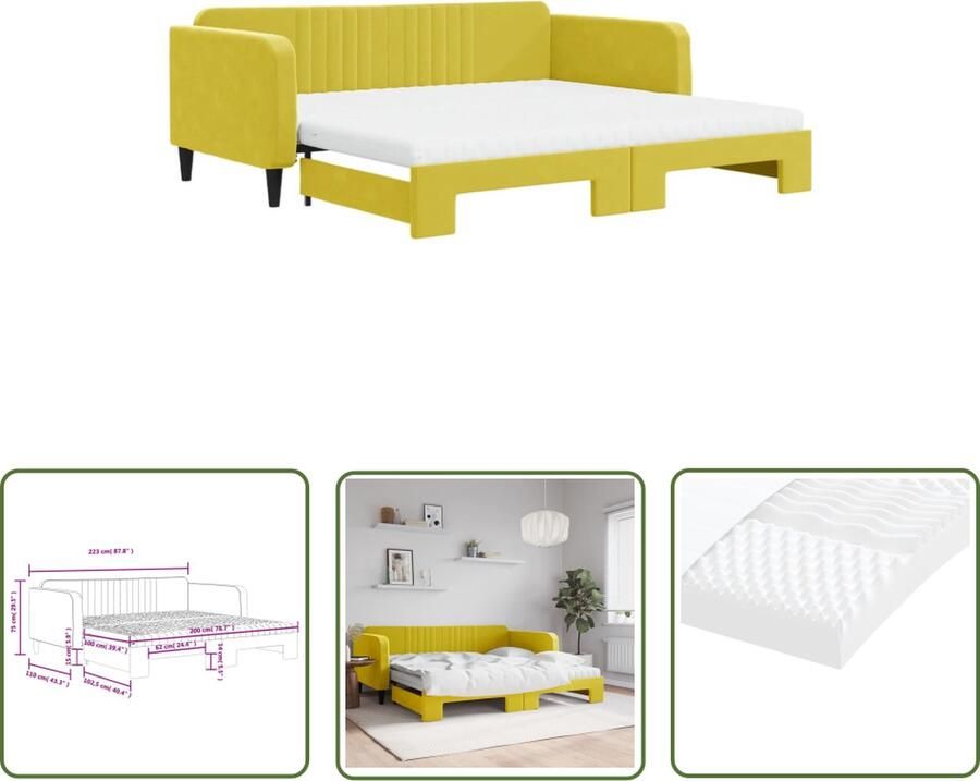 VidaXL The Living Store Slaapbank Geel Fluweel 223x110x75 cm Met Onderschuifbed Inclusief 2 Schuimmatrassen