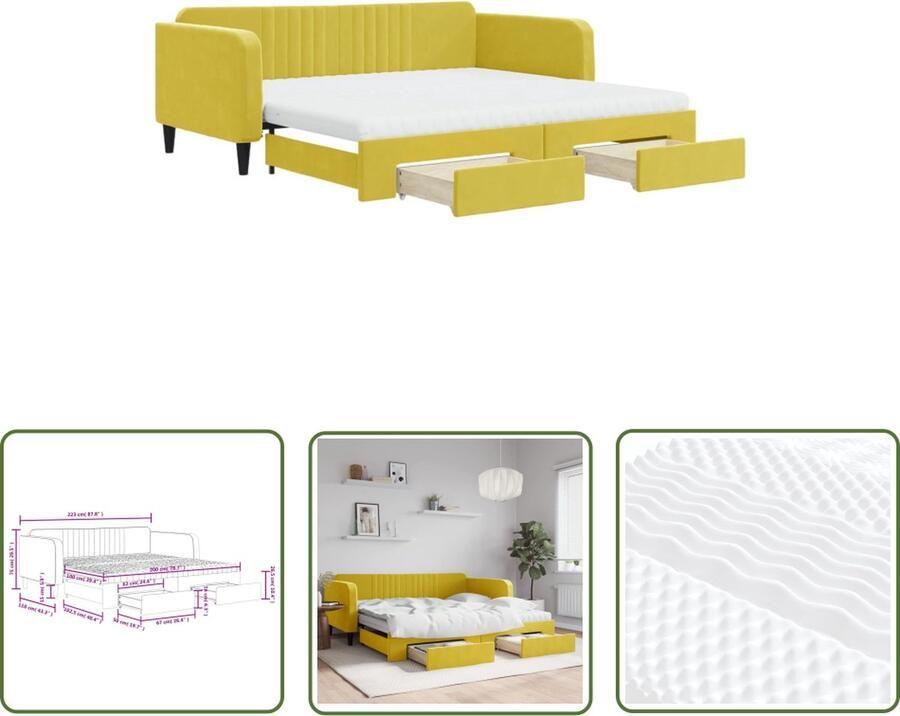 VidaXL The Living Store Slaapbank met Onderschuifbed Geel Fluweel 223 x 110 x 75 cm Schuimmatras Opberglades Massief hout Metaal