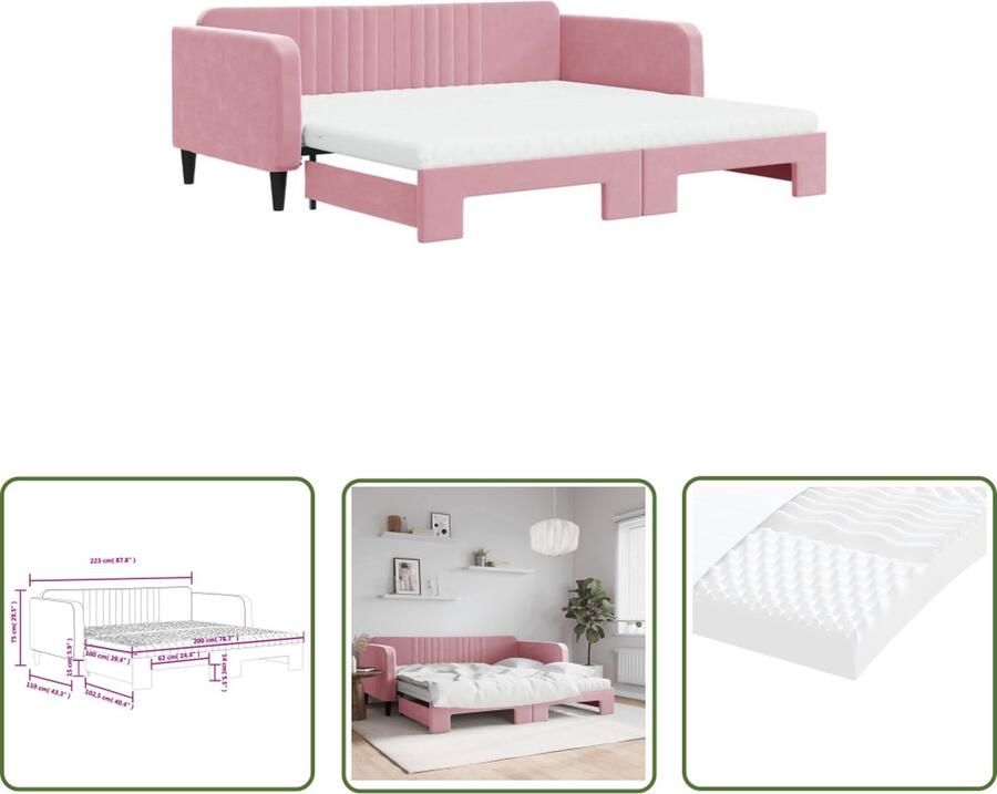 VidaXL The Living Store Slaapbank met onderschuifbed Roze fluweel 223 x 110 x 75 cm Comfortabel schuimmatras Modern design