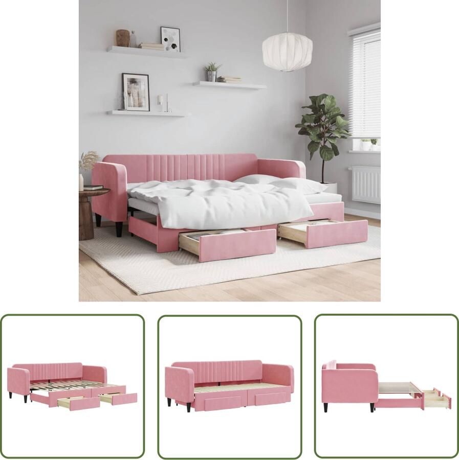 VidaXL The Living Store Slaapbank met onderschuifbed Roze fluweel 223 x 90 x 75 cm 2 laden
