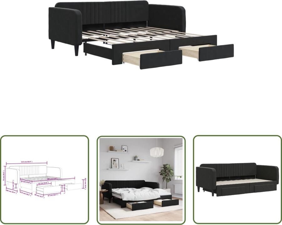 VidaXL The Living Store Slaapbank met onderschuifbed Slaapbank 213 x 100 x 75 cm (L x B x H) Zwart fluweel 2 x bedlade