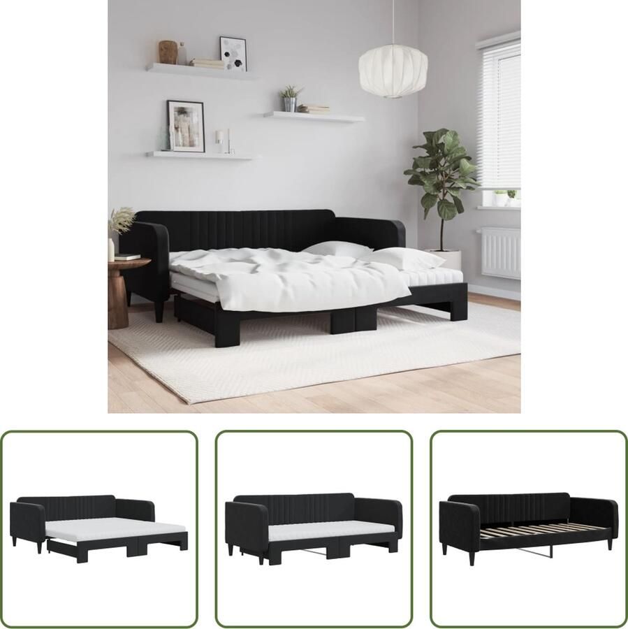 VidaXL The Living Store Slaapbank Onderschuifbed 213x100x75cm Comfortabel schuimmatras Zwart fluweel Modern design