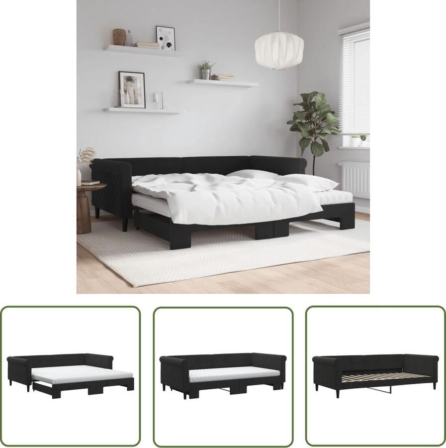 The Living Store Slaapbank 2-in-1 met onderschuifbed 229x212.5x68 cm Zwart fluweel Comfortabel schuimmatras Modern design Slaapbank Tweepersoonsbed Sofa Bed Zwarte Slaapbank Fluweelslaapbank