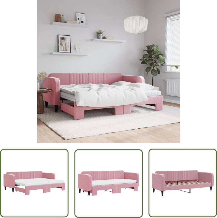 VidaXL The Living Store Slaapbank Onderschuifbed Roze Fluweel 223x90x75 cm 2x 80x200x10 cm Matras