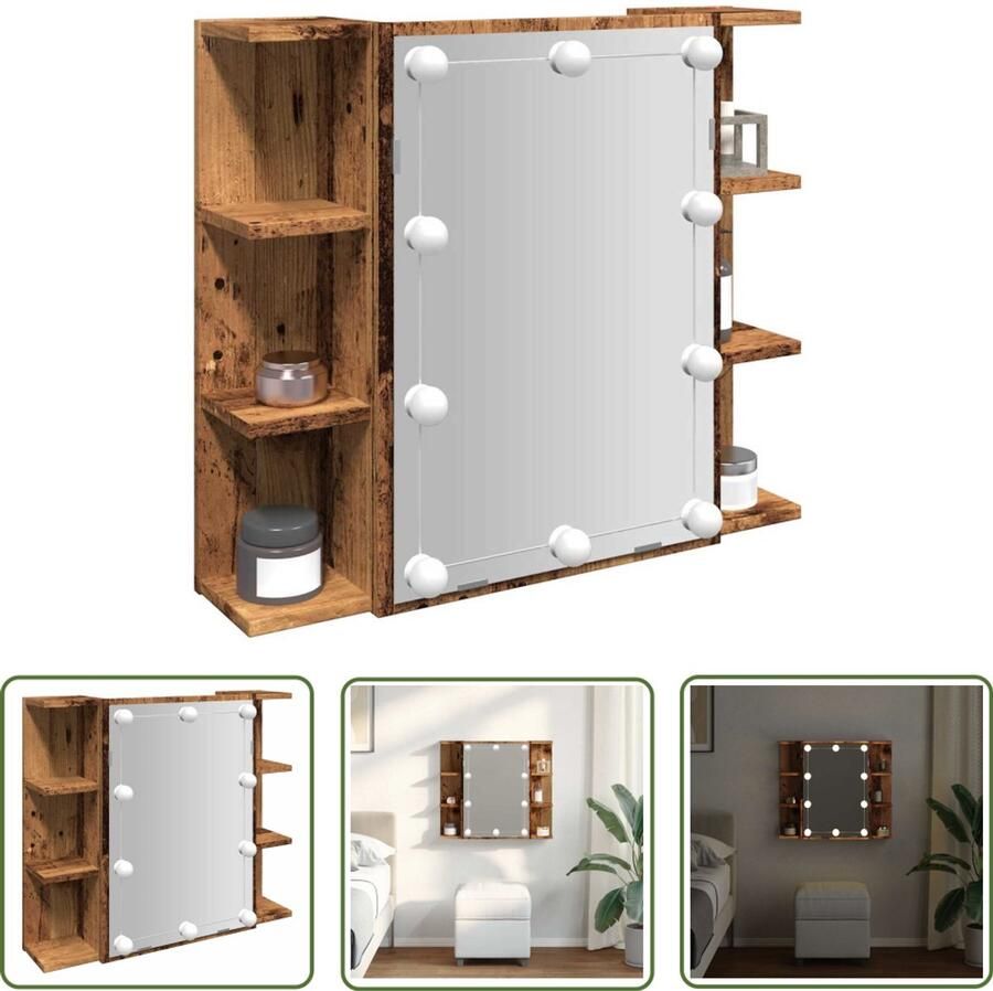 VidaXL The Living Store Spiegelkast met LED-verlichting 70x16 5x60 cm oud houtkleurig Spiegeltje Led Spiegel Make-up Spiegel Badkamerspiegel Opbergkast
