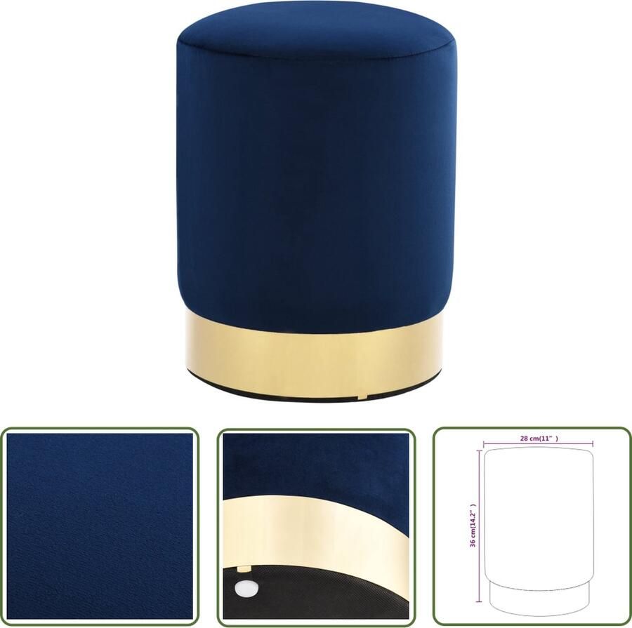 VidaXL The Living Store Tonvormige kruk 28 x 36 cm blauw goud Polyester Stijlvolle kruk met fluwelen bekleding en metalen basis