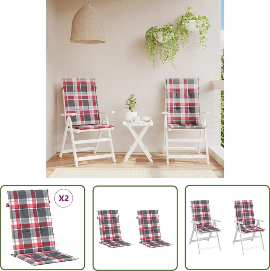 VidaXL The Living Store Tuinstoelkussens 2 st 120x50x3 cm stof ruitpatroon rood Tuinstoel Kussentjes Buitenkussens Stoelkussens Patio Kussens Balkon Kussens