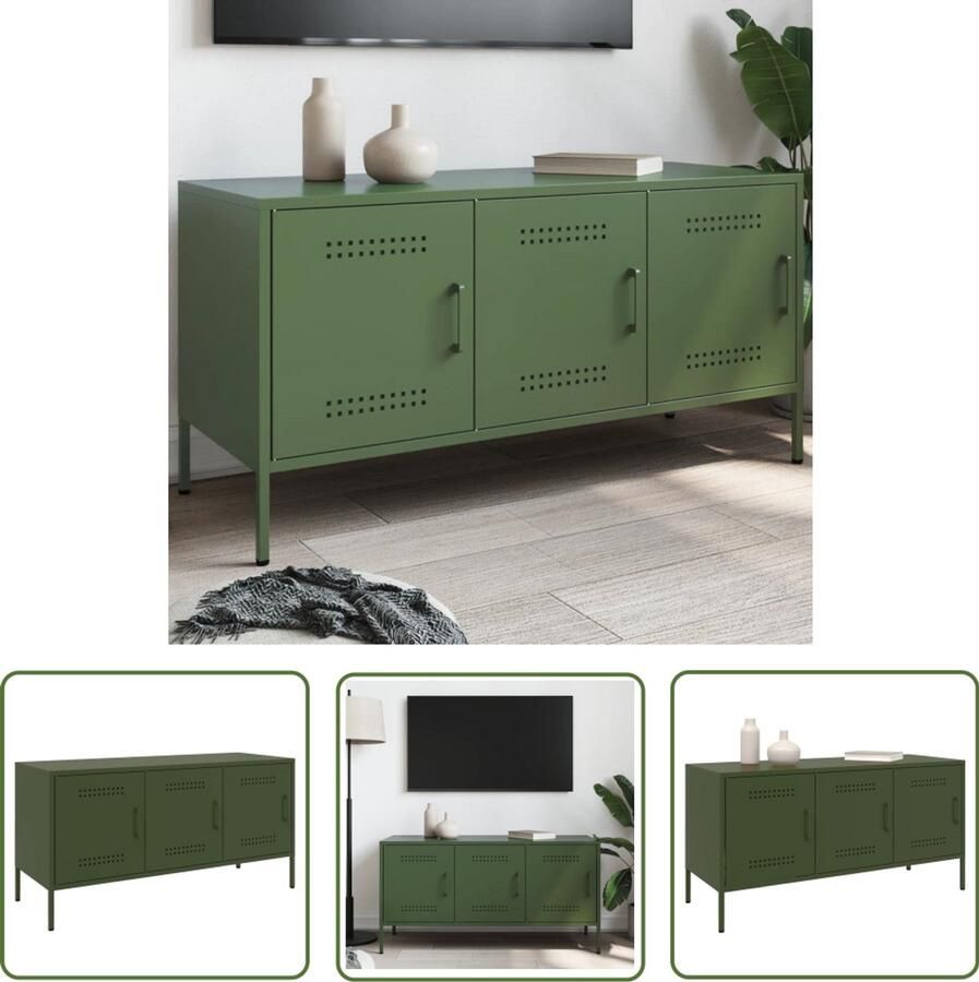 VidaXL The Living Store Tv-meubel 100 5x39x50 5 cm staal olijfgroen Tv-meubel Industrieel Design Olijfgroot Staal Opbergruimte - Foto 2