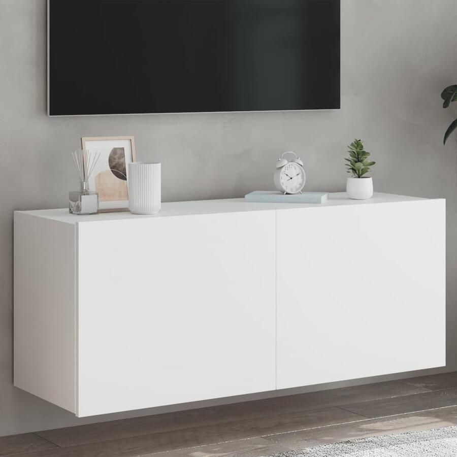 VidaXL The Living Store Tv-wandmeubel met LED-verlichting 100x35x41 cm wit Tv Wandmeubel Tv Kast Led Verlichting Houten Tv Stand Opbergvakken