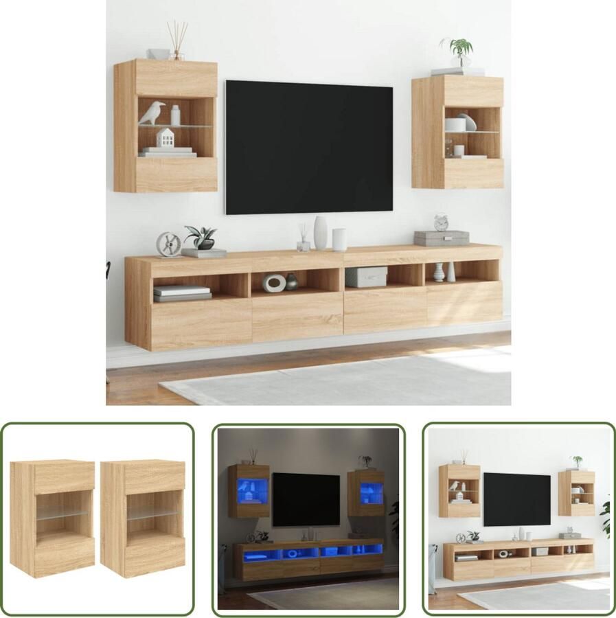 VidaXL The Living Store Tv-wandmeubels met LED 2 st 40x30x60 5 cm sonoma eikenkleurig Tv-standaard Tv-meubel Wandmontage Led Verlichting Sonoma Eiken