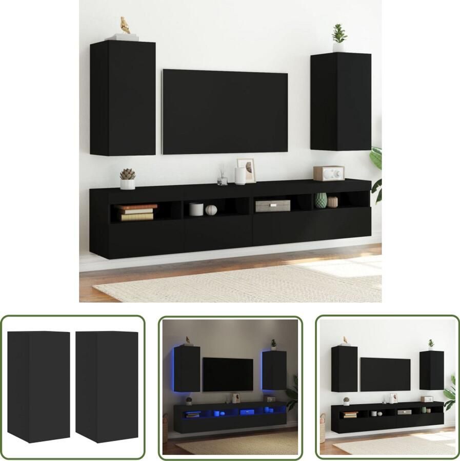 VidaXL The Living Store Tv-wandmeubels met LED-verlichting 2 st 30 5x35x70 cm zwart Tv-standaard Tv-meubel Wandmontage Led Verlichting Houten Tv-tafel