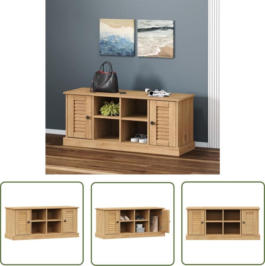 VidaXL The Living Store VIGO Schoenenbank Massief grenenhout 106 x 35 x 40 cm 4 vakken Metalen knoppen - Foto 2