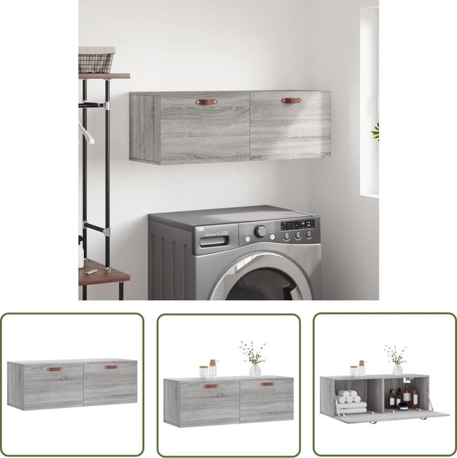 The Living Store Wandkast Afmetingen- 100 x 36.5 x 35 cm Kleur- Grijs Sonoma Eiken Materiaal- Bewerkt Hout Wandkast Houten Kast Grijze Kast Badkamerkast Slaapkamerkast - Foto 2