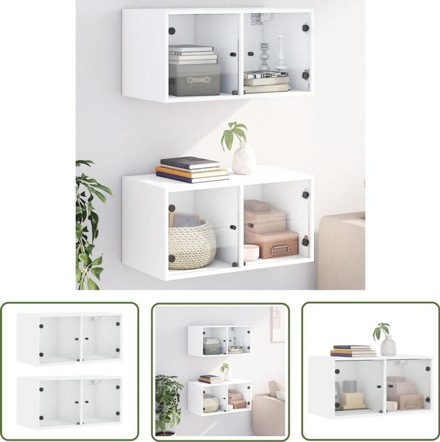 VidaXL The Living Store Wandkasten met glazen deuren 2 st 68 5x37x35 cm wit Hangende Kast Wandkast Opbergkast Houten Kast Glazen Deuren