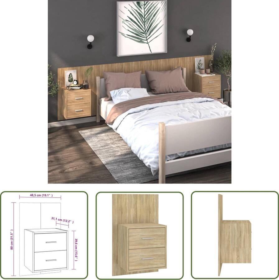 VidaXL The Living Store Wandnachtkastje Sonoma Eiken 48.5 x 32.5 x 80 cm Wandmontage Multifunctioneel - Foto 2