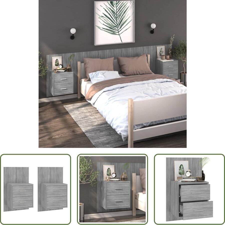 VidaXL The Living Store Wandnachtkastjes Grijs Sonoma Eiken 48.5 x 32.5 x 80 cm Bewerkt Hout - Foto 2
