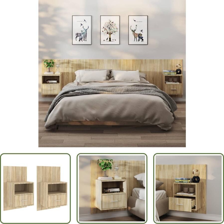 VidaXL The Living Store Wandnachtkastjes Sonoma eiken 48.5 x 32.5 x 80 cm Multifunctioneel Inclusief 2 wandnachtkastjes - Foto 2