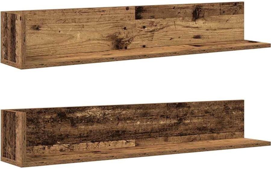 VidaXL The Living Store Wandschappen 2 st 100x16 5x16 5 cm bewerkt hout oud houtkleurig Wandplank Houten Plank Opslagoplossing Decoratie Zwevende Plank