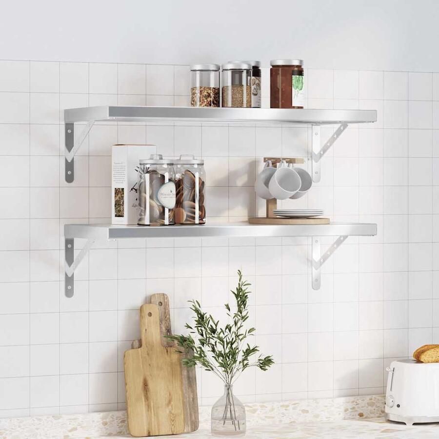 VidaXL The Living Store Wandschappen 2 st 75x30x3 cm roestvrijstaal zilverkleurig Zwevende Wanddecoratie Wandplanken Roestvrijstalen Wandopbergingsmogelijkheden Minimalistische Wandregels Muurschilderingen