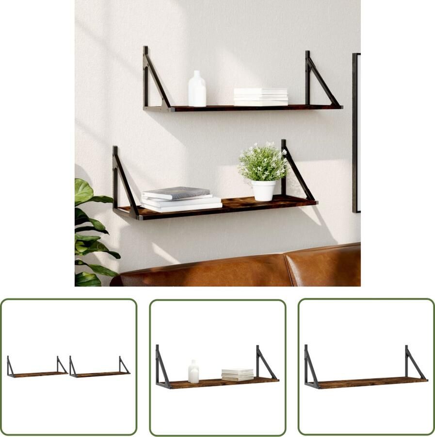 VidaXL The Living Store Wandschappen 2 st 80x25x25 5 cm bewerkt hout gerookt eikenkleur Wanddecoratie Wandplankje Houten Wandrek Bergruimte Living Accessoires