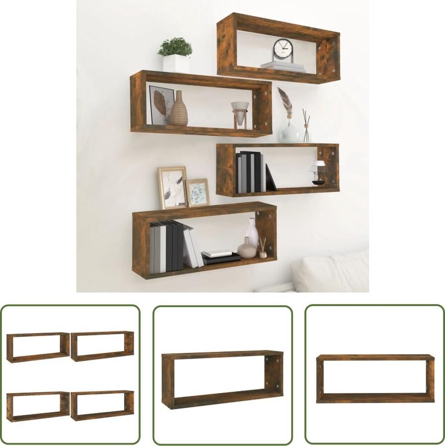 VidaXL The Living Store Wandschappen kubus 4 st 60x15x23 cm bewerkt hout gerookt eiken Kubus Wandenplank Wanddecoratie Houten Plank Bergruimte Opbergkast