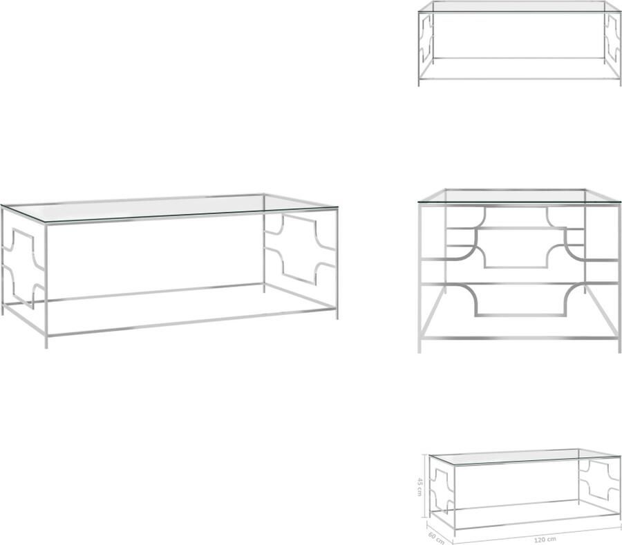 VidaXL Theetafel Theetafels Theetafeltje Theetafeltjes Salontafel 120x60x45 cm roestvrij staal en glas zilverkleurig